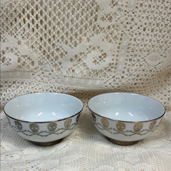 Other - Set Of 2 Ciroa Halloween Holiday Skull And Crossbones Porcelain Footed Bowl